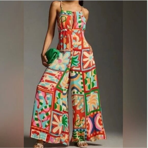Farm Rio Anthropologie Halter Jumpsuit Wide Leg Patchwork Sleeveless size M - Picture 1 of 6